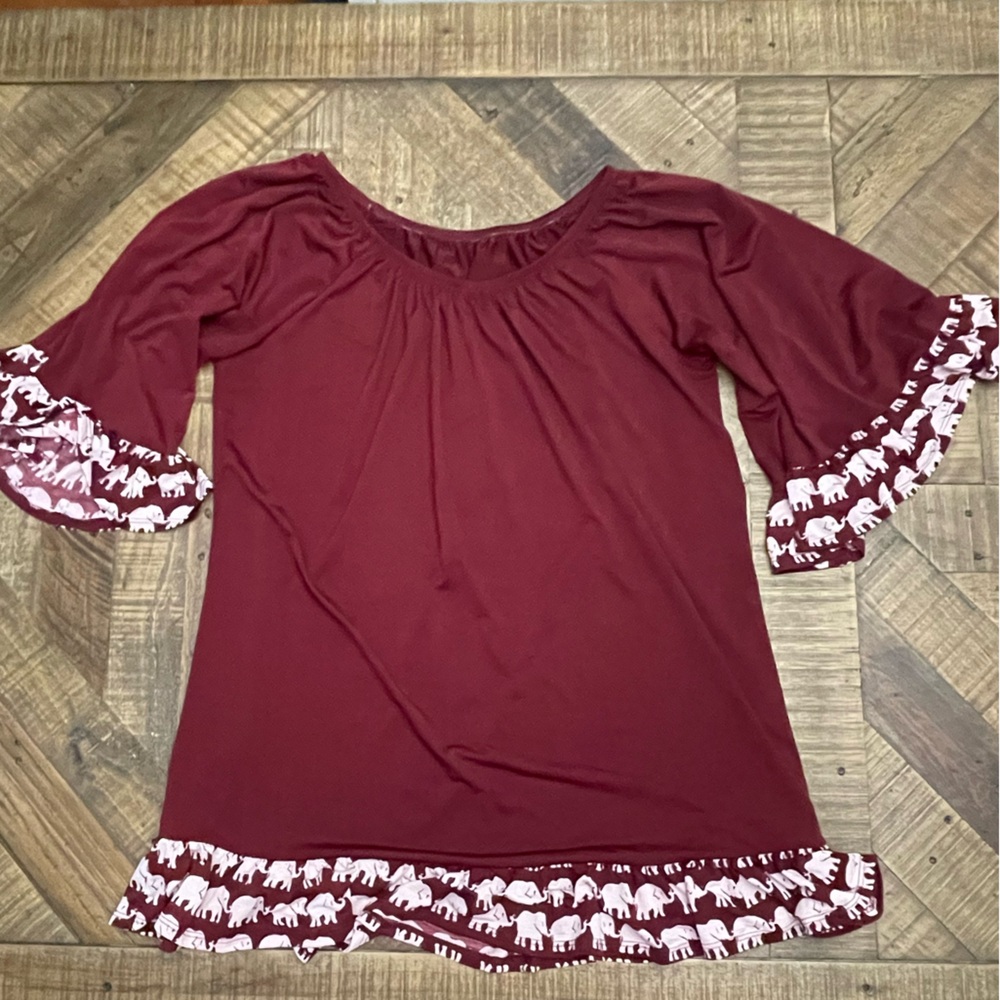 Boho Boutique Maroon Elephant Print Bell Sleeve Ruffle Tunic Blouse XL